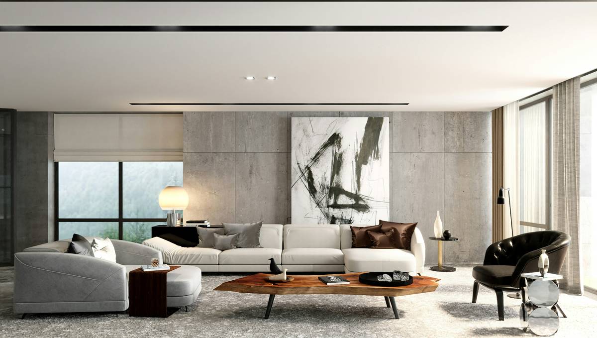 Minimalist style furniture arranged in a sunlit living room with neutral tones and clean lines