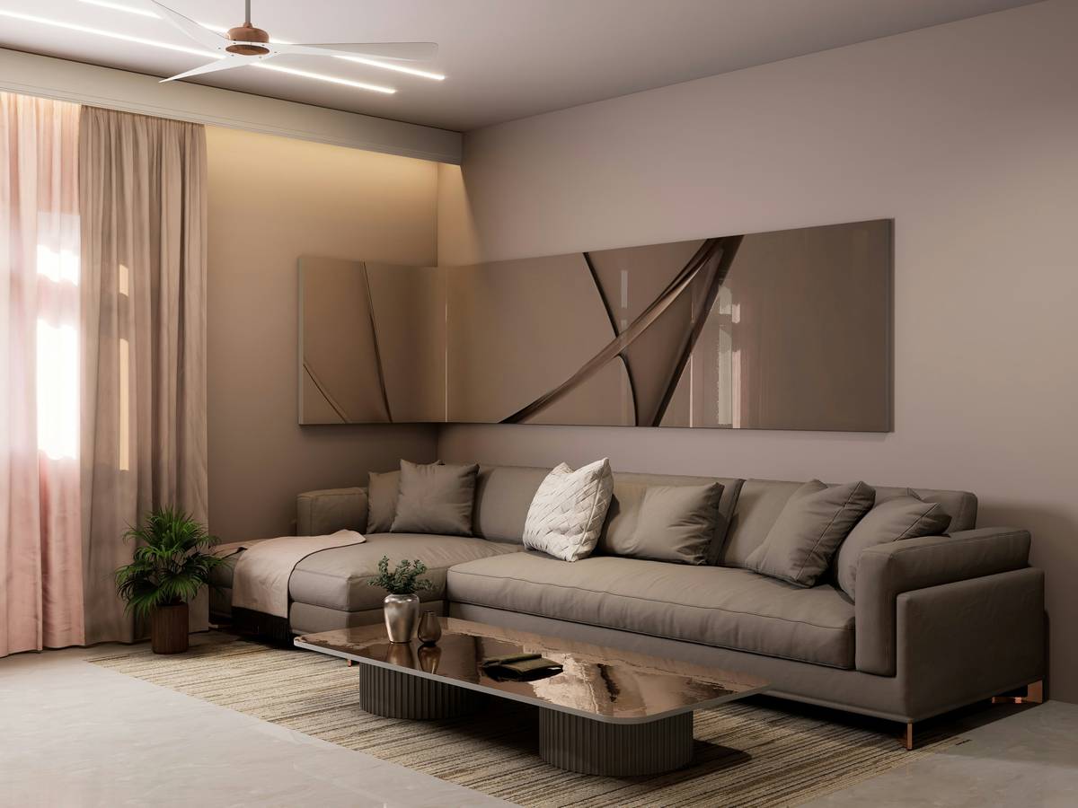 what is modern minimalist style illustrated by a tidy living room with a low-profile sofa, wooden coffee table, and ample negative space