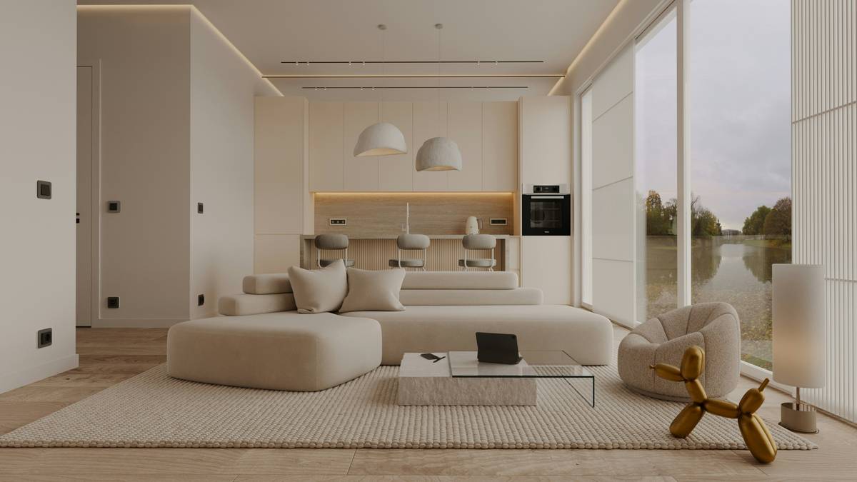 minimalist interior design furniture in a sunlit living room with oak flooring, linen sofa, and geometric side table