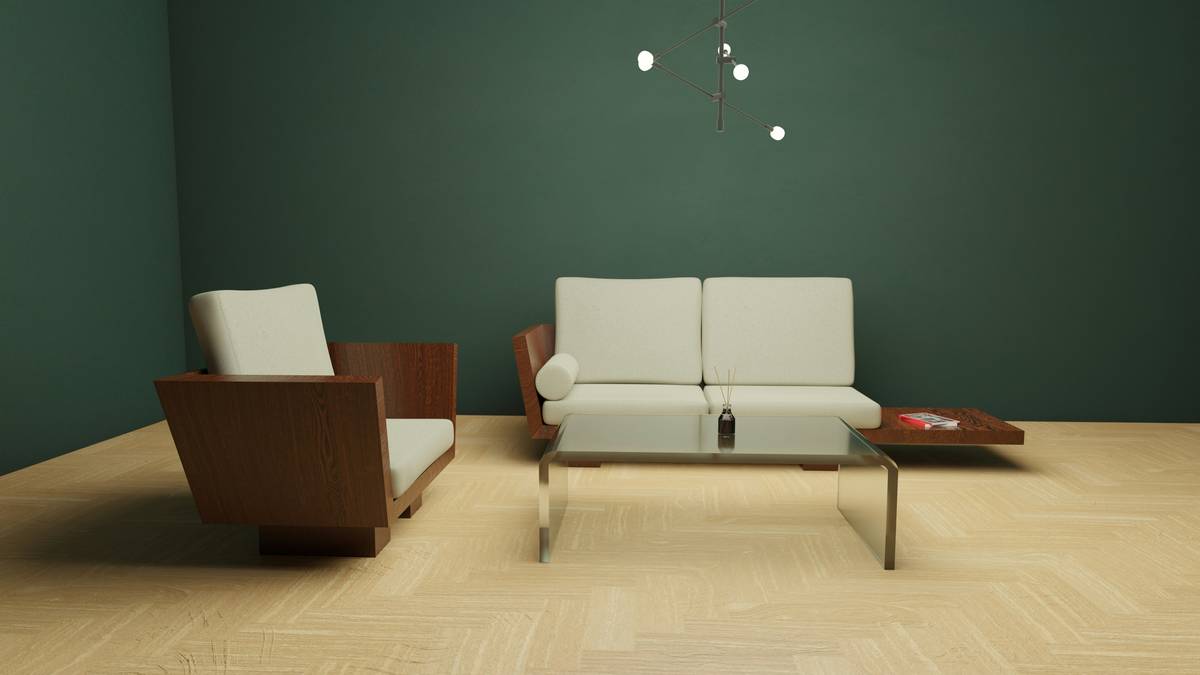 what is a minimalist style: a light-filled living room with a low-profile sofa, oak coffee table, and single abstract wall art
